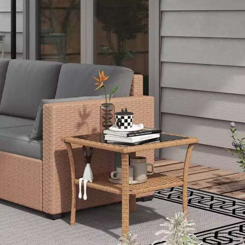 Rattan Side Table, Outdoor End Table with Storage Shelf, Aluminum Frame Square Table with Tempered Glass Top
