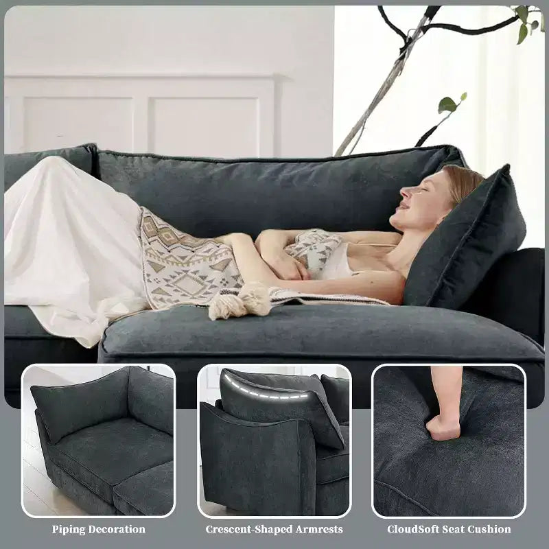 MooxvMoo 112in Chenille Sofas for Living Room, L Shaped Couch with Storage, Sectional Couch w/ Pull Out Drawer & Throw Pillows & Storage Ottoman, Gray