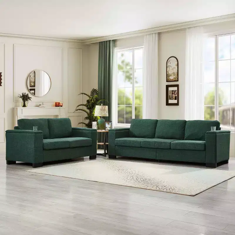 MAYEERTY Two Pieces 2+3 Seater Sectional Sofa with Cup Holder Square Arm Upholstered Polyester for Living Room Green