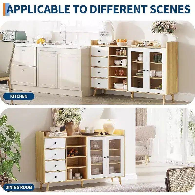 Farmhouse Coffee Bar Cabinet with Storage, 55 Kitchen Buffet Cabinet Sideboard with Glass Doors Open Shelves, Wood Sideboard Cabinets Storage