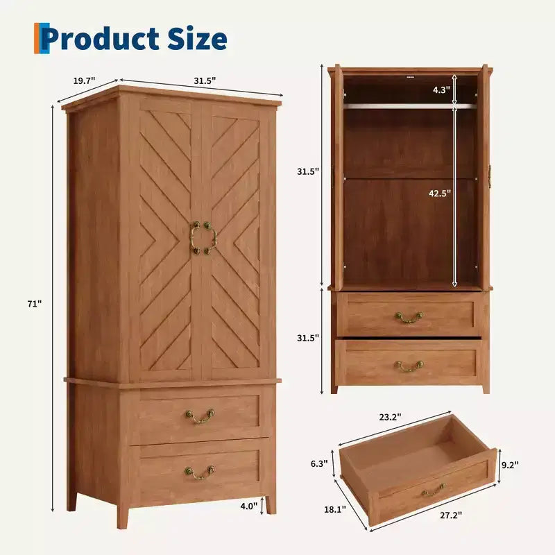 COZONY Farmhouse Wardrobe Armoire Closet with Hanging Rod and Drawers, 71 Freestanding Storage Cabinet, Retro Brown