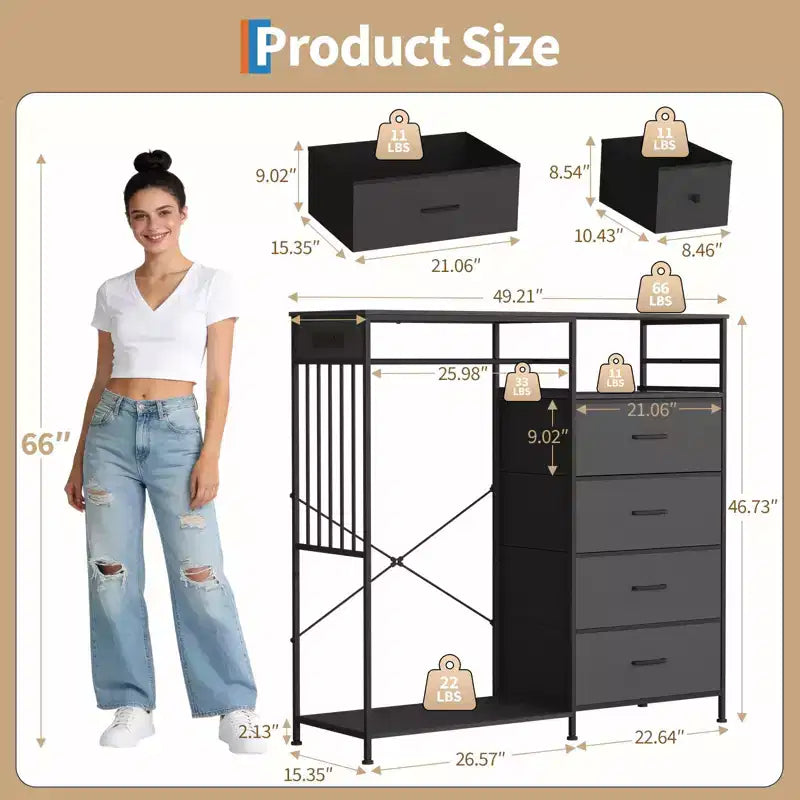 49.2 w Dresser with Hanging Rack & Lights, 6-Drawer Closet Organizer with Charging Station