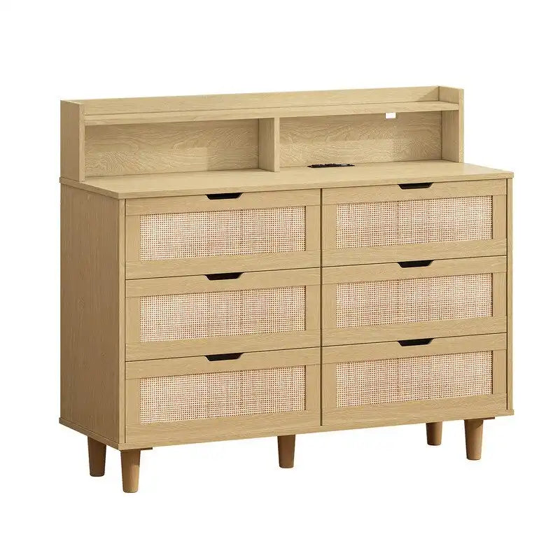 Bohemian Rattan 6-Drawer Sideboard Buffet with Adjustable LED Lights & Power Outlet