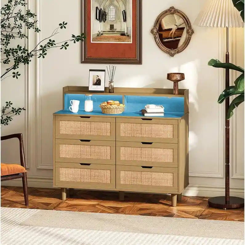 Bohemian Rattan 6-Drawer Sideboard Buffet with Adjustable LED Lights & Power Outlet