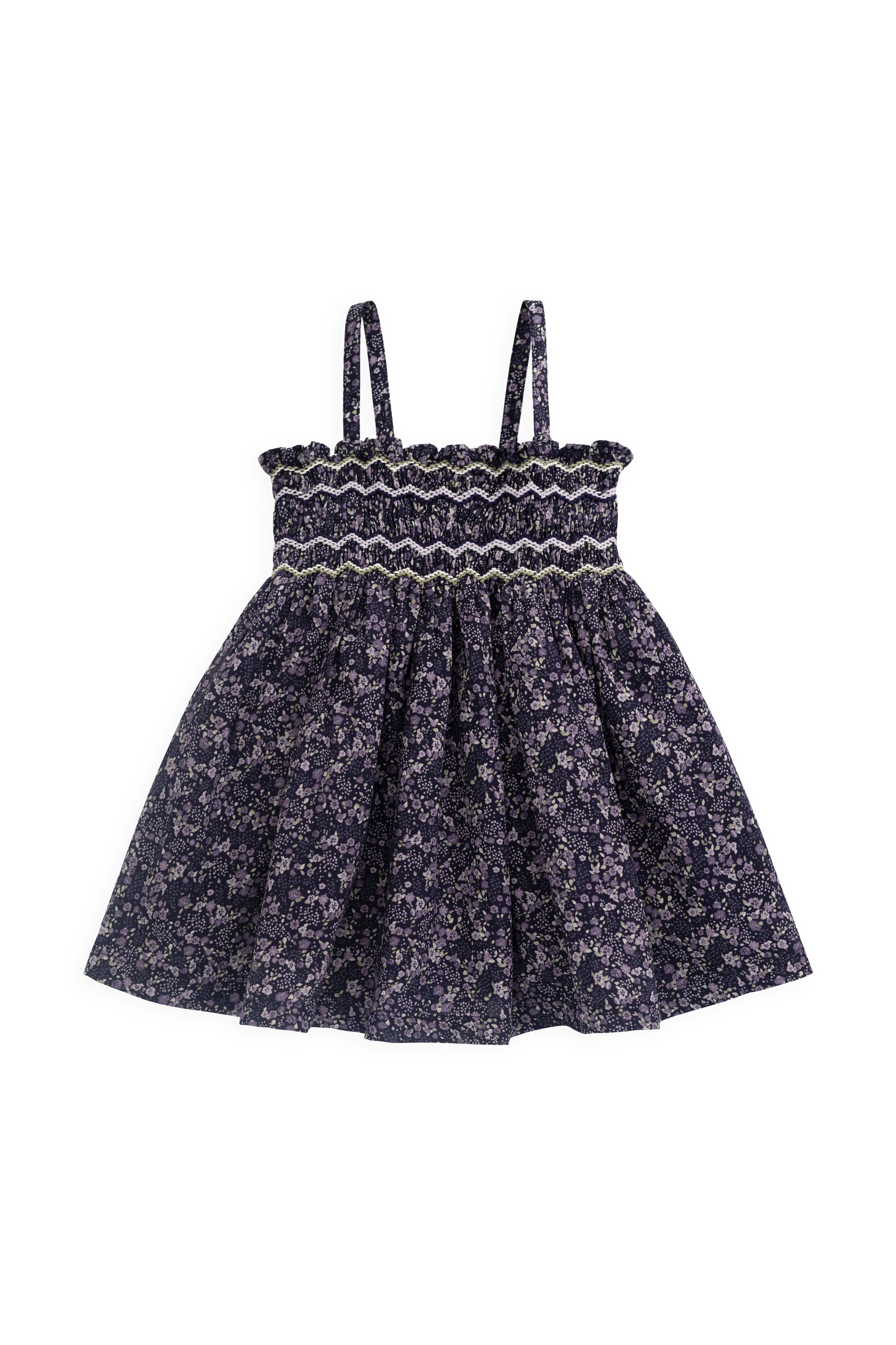 Boho Deep Base Violet Floral Print Organic Cotton Dress with Shirred Bodice & Fine Shoulder Straps for Girls Summer Outings (6M�C10Y)