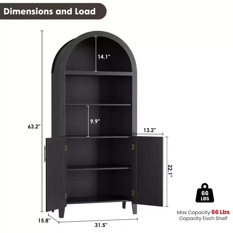 Arched Bookcase with Rattan Doors  5-Tier Modern Storage Shelf for Home/Office/Library