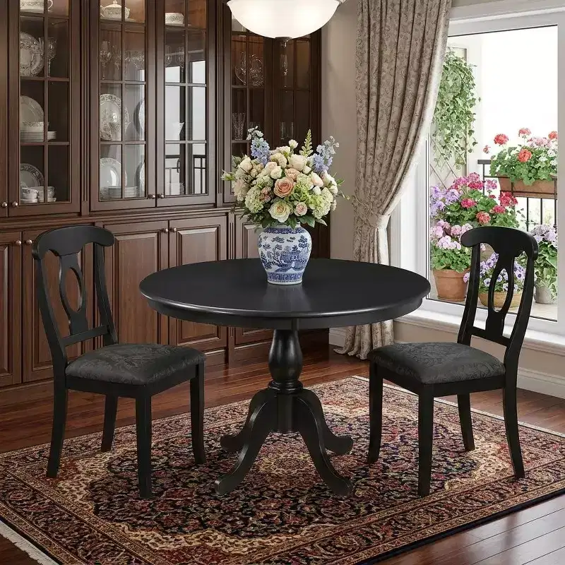 42 Black Rounded Solid Manufactured Wood And Solid Wood Pedestal Base Dining Table