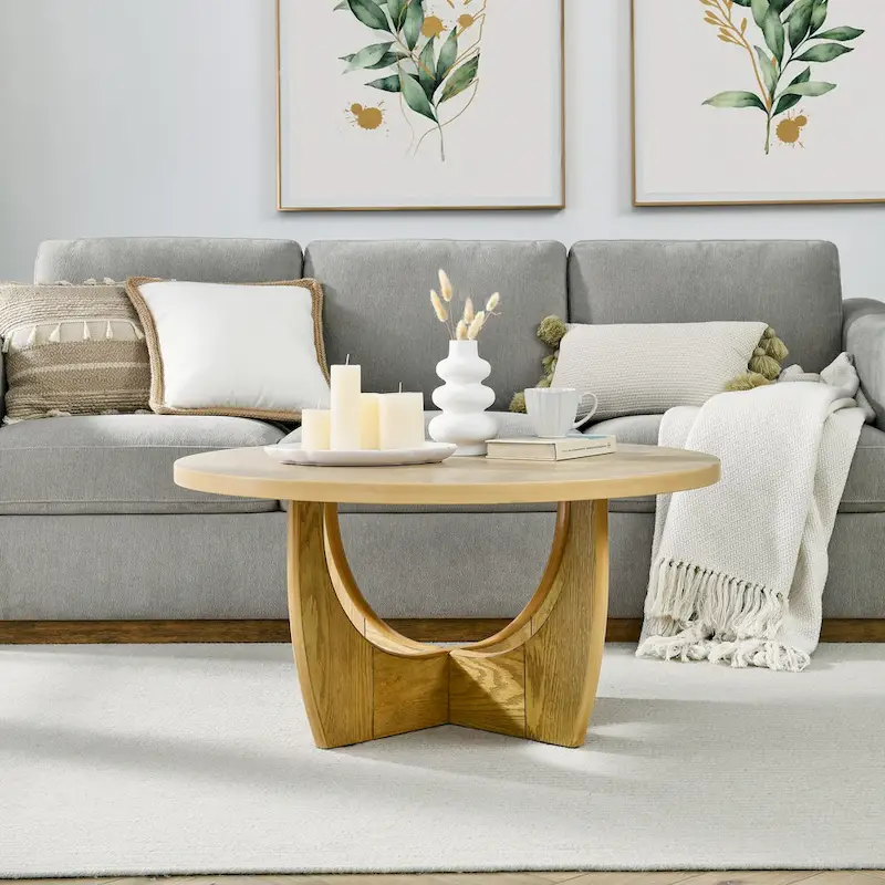 Oak Round Coffee Table with Sliding Storage, Mid-Century Style