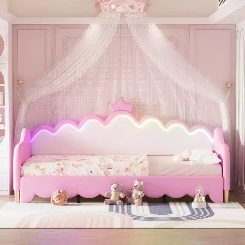 Modern Upholstered Princess Daybed with Crown Headboard, Twin to King Size Extending Daybed Sofa Bed
