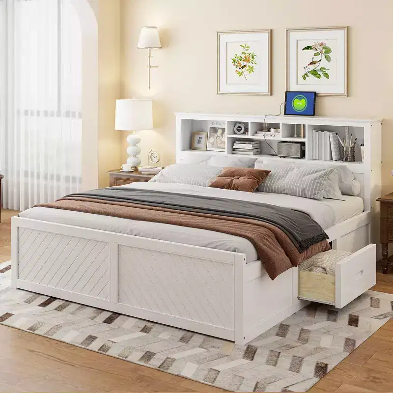 FAMYYT King Size Wood Platform Bed with Multi-storage Headboard, USB and Drawers, Easy Assembly