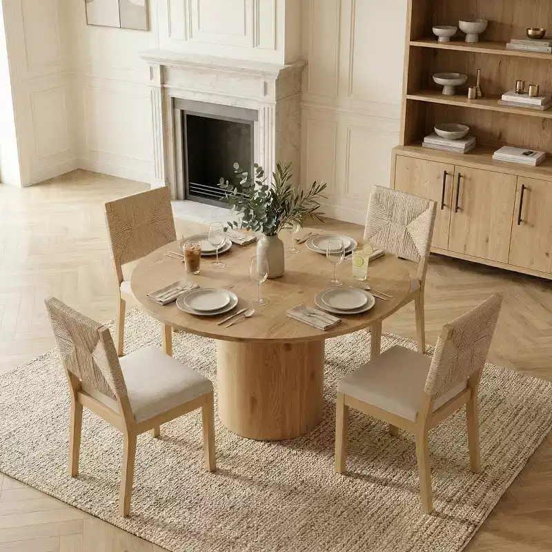 5-Piece Round Dining Table Set for 4, Pedestal Dining Table with Woven Back Solid Wood Chairs, Modern Kitchen & Dining Room Furniture-Panipeachy