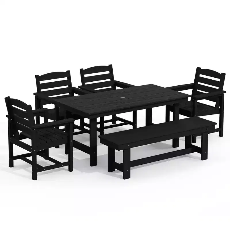 Hyleory 6pc HDPE Outdoor Dining Set with Rectangular Table & Umbrella Hole, Bench and Armchairs