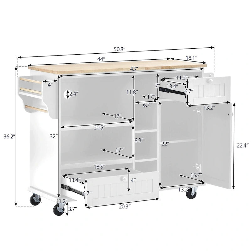 Rolling Kitchen Island Cart with Open Shelves Drawers Cabinet and Microwave Space