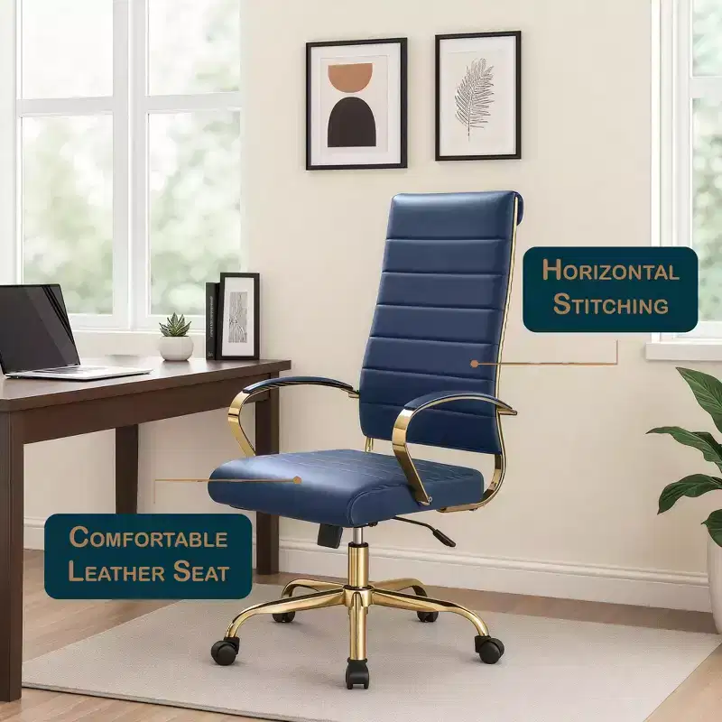LeisureMod Benmar High-Back Ribbed Leather Office Chair - Modern Swivel & Tilt Executive Desk Chair - Gold Base