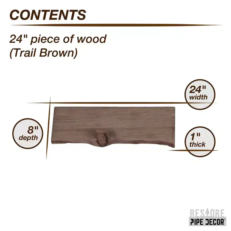 RESTORE Trail Brown 24 in. Live Edge Wood Shelf (Wood Only) by Pipe Decor