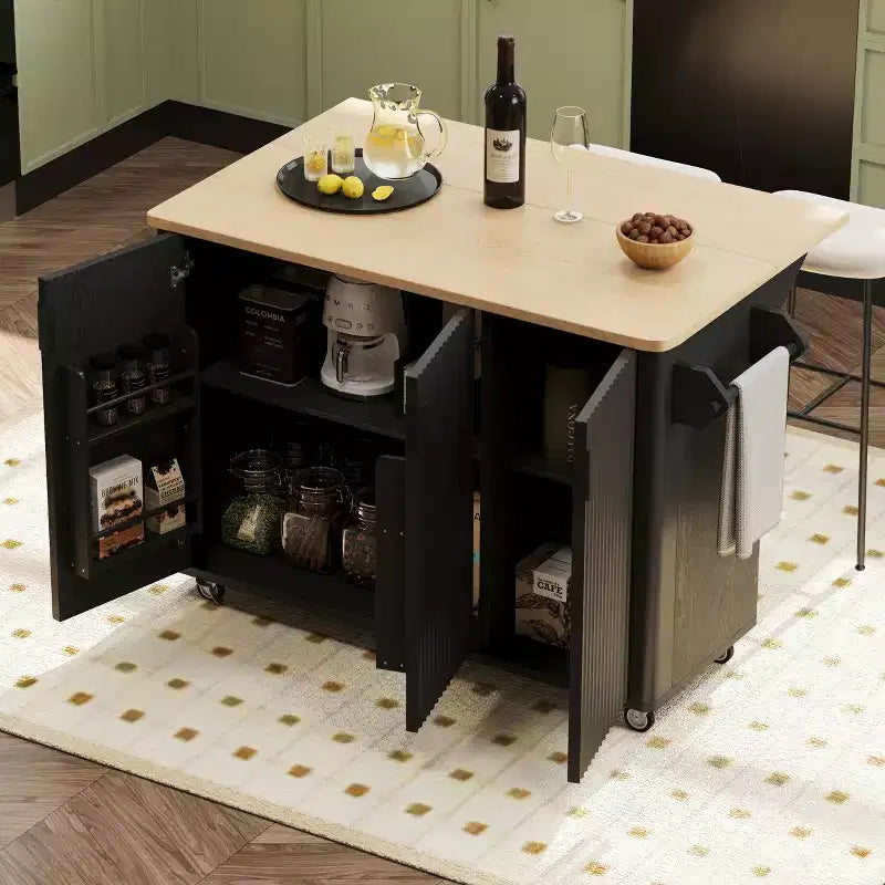 51 Farmhouse Fluted Kitchen Island with Drop Leaf, Wheels and Internal Storage Rack