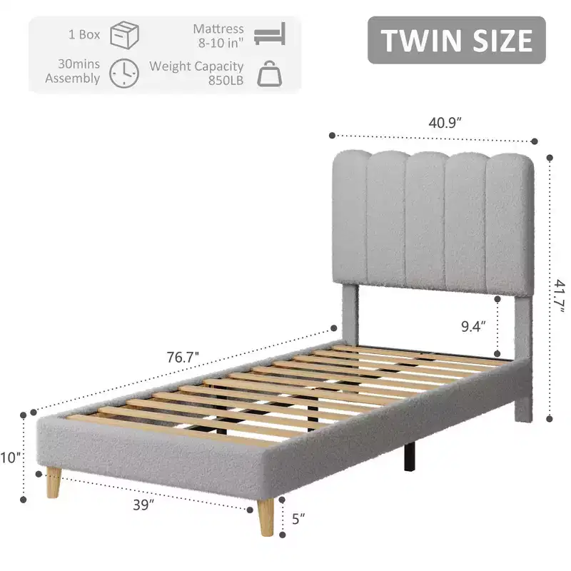 Boucle Upholstered Platform Bed with Wave Headboard for Girls/Boys/Kids, Easy Assembly Wooden Slats Support,