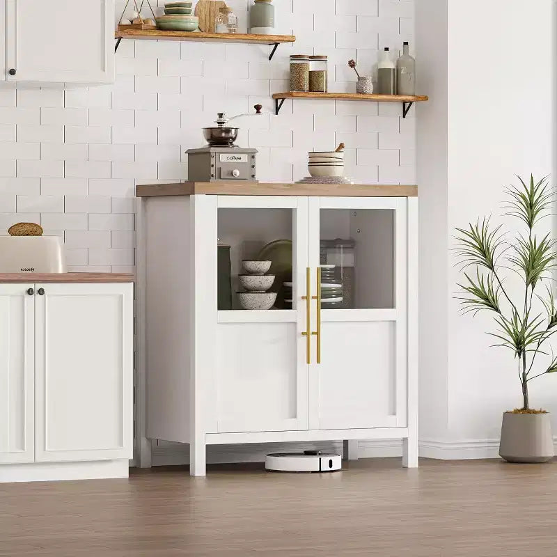 Acekool 29 Farmhouse Sideboard: Glass Door Cabinet with Adjustable Shelves, Narrow Storage for Kitchen, Dining & Small Spaces (Pear Finish)