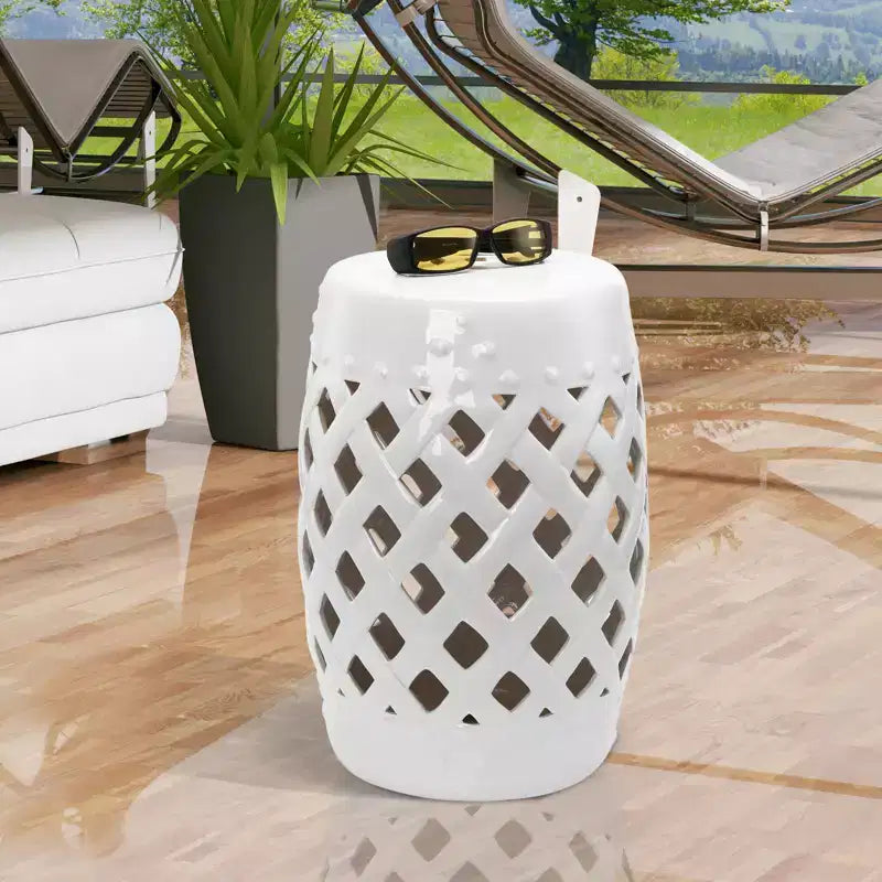 NAYSAYE End Table with Fretwork Design, Decorative End Table with Woven Lattice Design for Home Lawn Garden Patio, White, 10.25*18*10.25