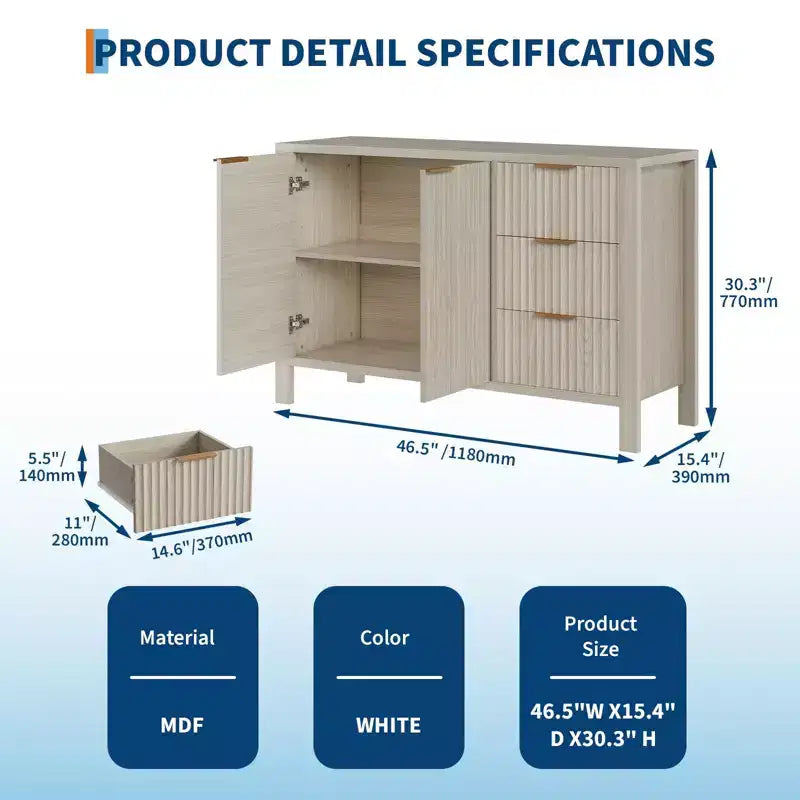 47 Inch Fluted Sideboard Buffet Cabinet Modern TV Stand Coffee Bar Cabinet with 3 Drawers & 2 Doors Wooden Credenza for Living Room Kitchen Entryway