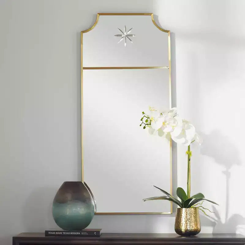 Uttermost Rectangular Vanity Decorative Wall Mirror Curved Corner Satin Brushed Brass Frame 18 Wide Bathroom Bedroom Living Room