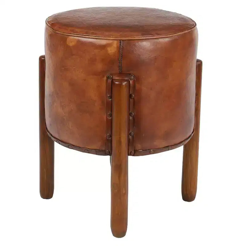 Traditional Leather Stool Brown - Olivia & May: Round Wood Frame, No Assembly, Spot Clean
