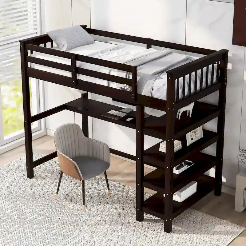 Twin Loft Bed with Under-Bed Desk & Storage Shelves | Solid Pine Wood | 250 lb Capacity