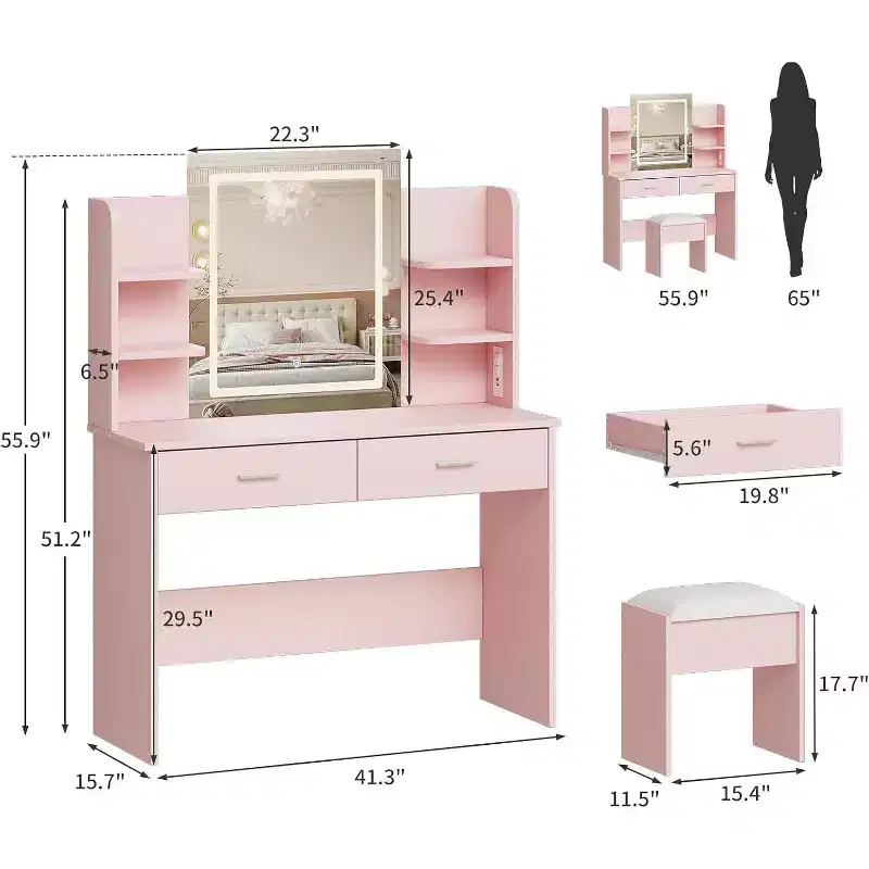Vanity Desk with Lighted Mirror, Stool, Power Outlet, 6 Shelves, 2 Large Drawers, 3-Color Adjustable LED, Makeup Vanity for Bedroom, Pink