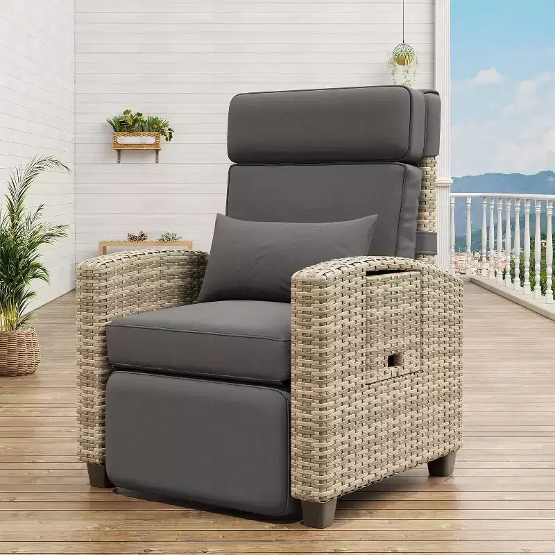 Wicker Recliner Chair  Adjustable 150 Lay Flat Patio Lounge Chair with Footrest & Side Table for Poolside, Porch, Garden & Indoor Use