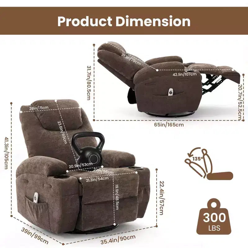 360 Swivel Rocker Recliner Chair with Massage and Heat