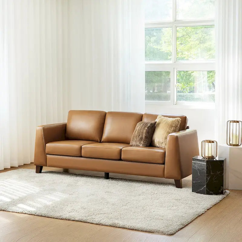 81.5 Inch Genuine Leather Tuxedo Arm Sofa with Solid Wood Legs
