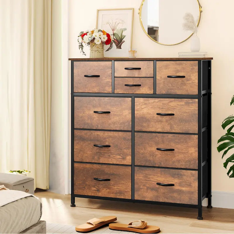 Rustic Wood-grain Bedroom Dresser with Metal Frame, Wooden Top
