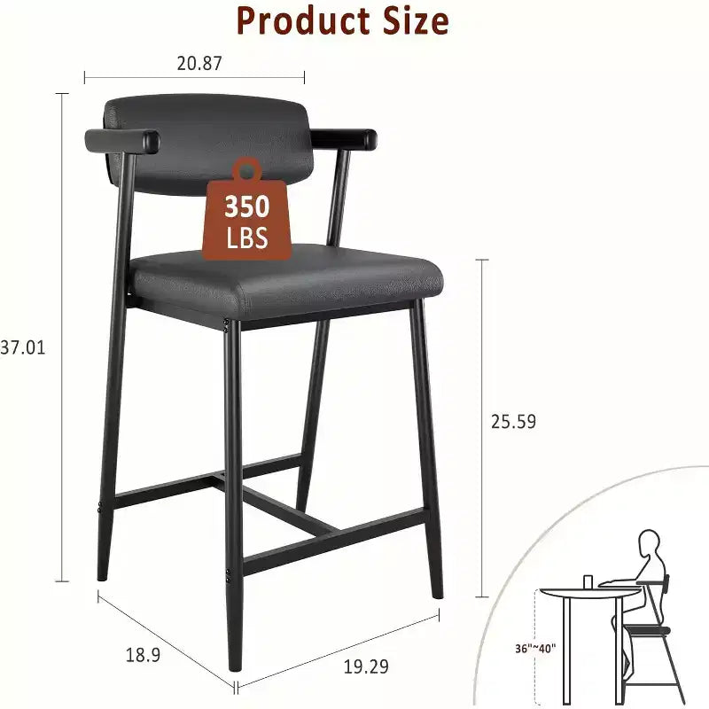 26 Upholstered Counter Height Bar Stools Set of 2 With Arms and Back, Modern Bar Stools Set With Footrest for Kitchen Island