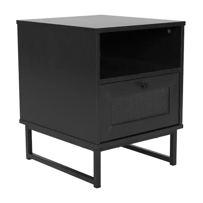 Flash Furniture Malaki Mid-Century Modern Nightstand or End Table with Rattan Accented Drawer, Open Upper Shelf, and Metal Legs