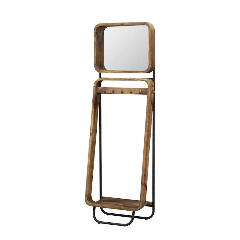 Wood and Metal Hall Tree with Mirror and Hooks