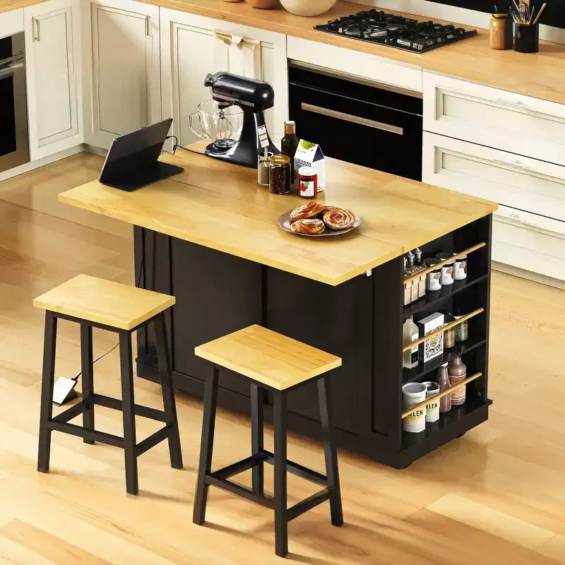 Okak Kitchen Island with Drop Leaf and Power Outlet, Kitchen Cart with Internal Storage Rack and 5 Wheels, Kitchen Island Table for Kitchen