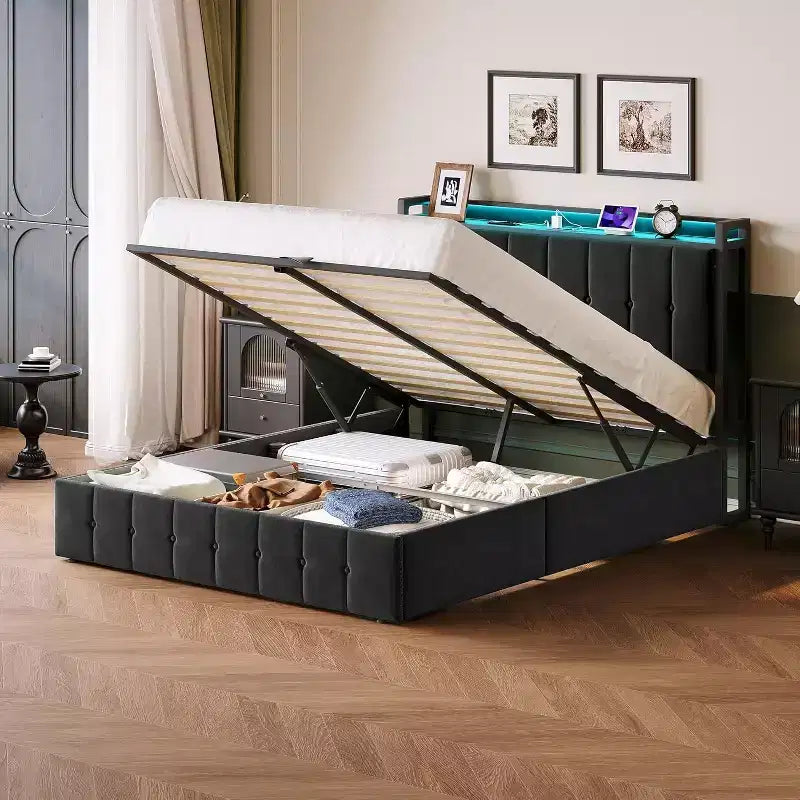Hydraulic Storage Bed Frame with Upholstered Velvet Headboard, LED Lighting, Charging Station, and Wooden Slats
