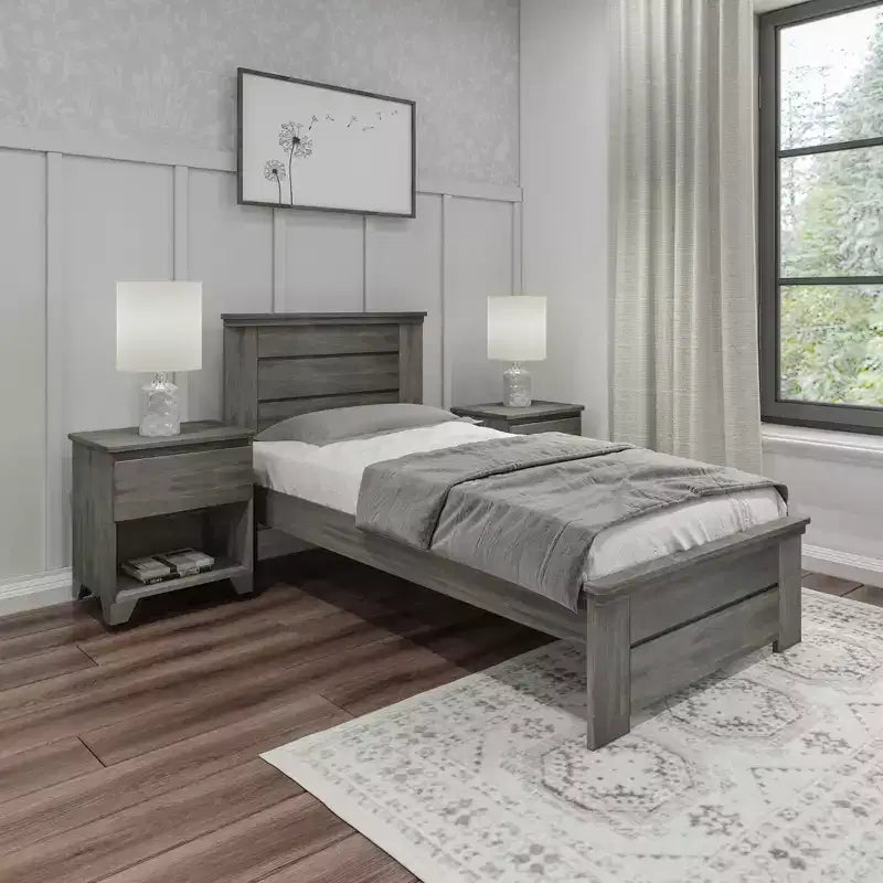 Twin Bed Frame with Panel Headboard, Modern Farmhouse Solid Wood Platform Bed