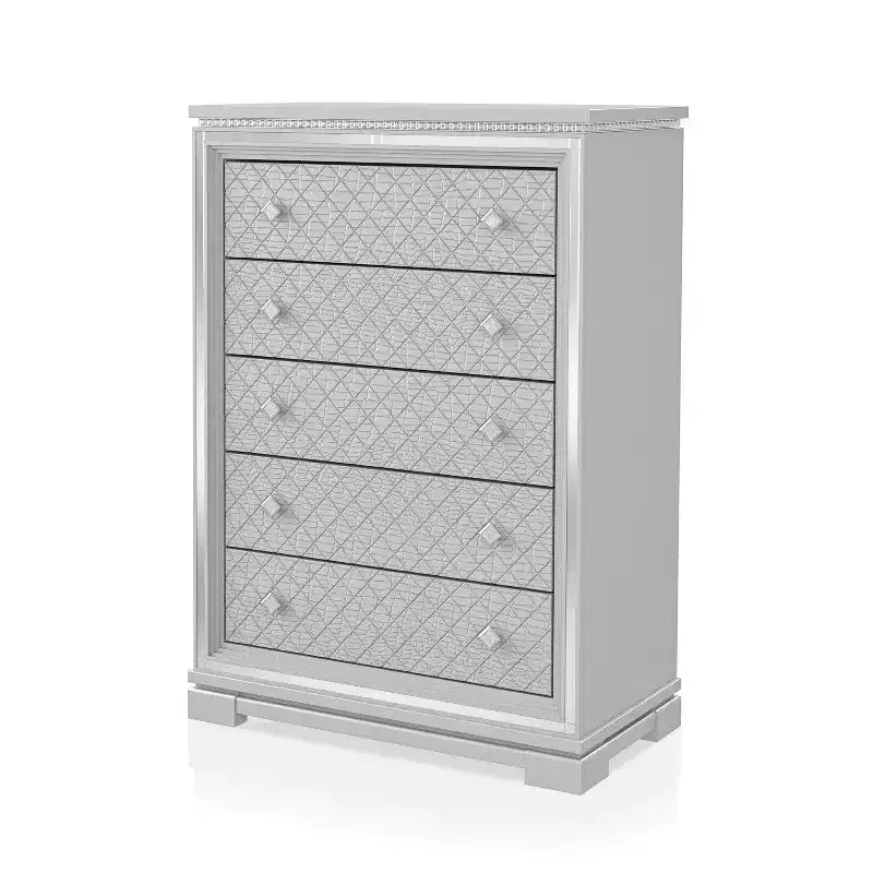5-Drawer Glam Chest - Silver with Crocodile Embossing, Mirror Trim & Jeweled Accents