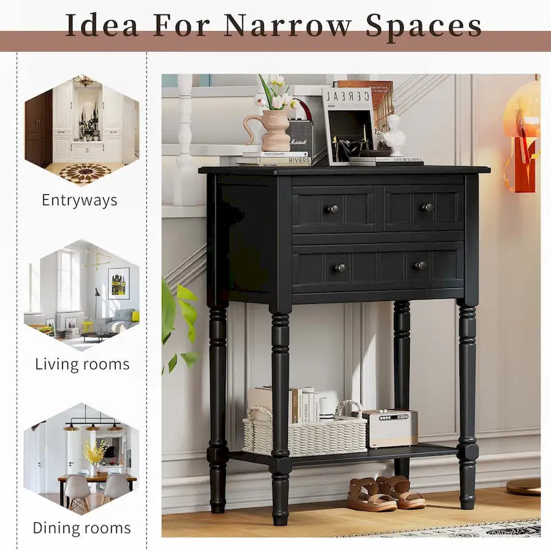 Narrow Console Table with Drawers and Bottom Shelf