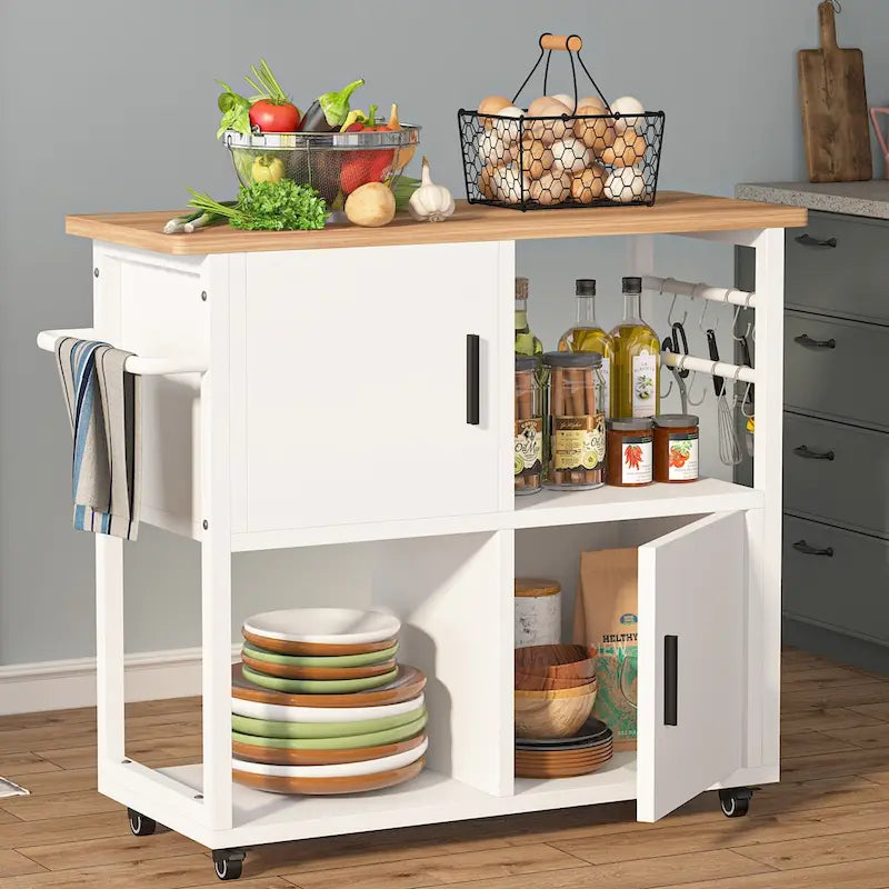 White Rolling Kitchen Island Cart with Wood Top Drawer Cabinet Open Shelf and Hooks