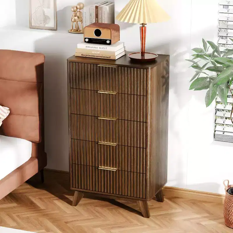 Fluted Tall Dresser 5 Drawer, 23.66 W Chest of Drawers, Walnut Wood Dresser for Bedroom Mid Century Modern