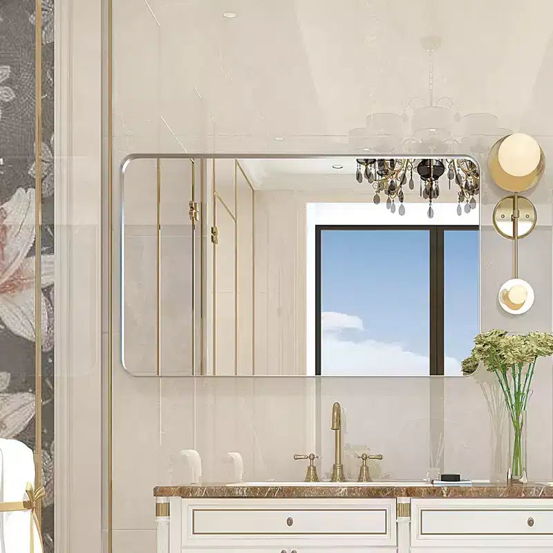 40x30 Brushed Silver Rectangular Mirror: Rounded Corners, Metal Frame, Wall Mount, Vanity Mirror
