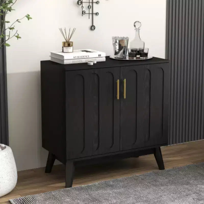 32 Mid-Century Modern Fluted Accent Storage Cabinet, Small 2-Door Sideboard with Solid Wood Legs and Gold Handles - Panipeachy