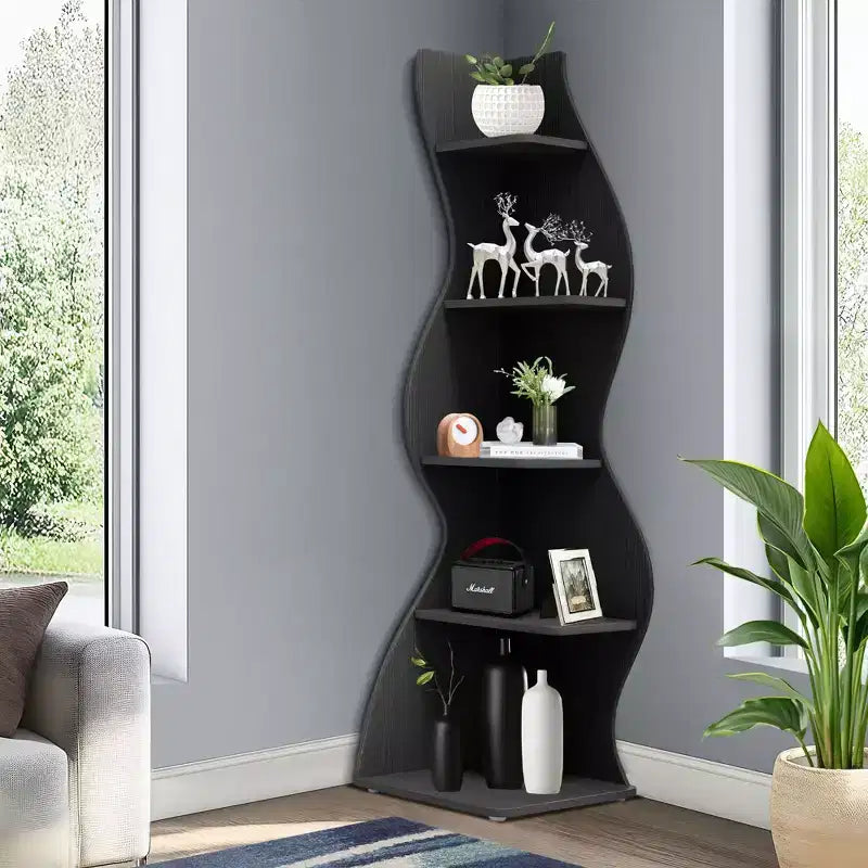 TUYOHW Wall Corner Shelf,5-Tier Floating Bookshelf for Modern Home - Space-Saving Storage & Display Unit,Black
