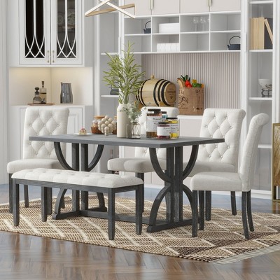 6 Piece Retro Dining Table Set Dining Set Kitchen Table Set with 4 Upholstered Chairs and 1 Bench, Gray Wash/Natural Wood Wash-HABITRIO