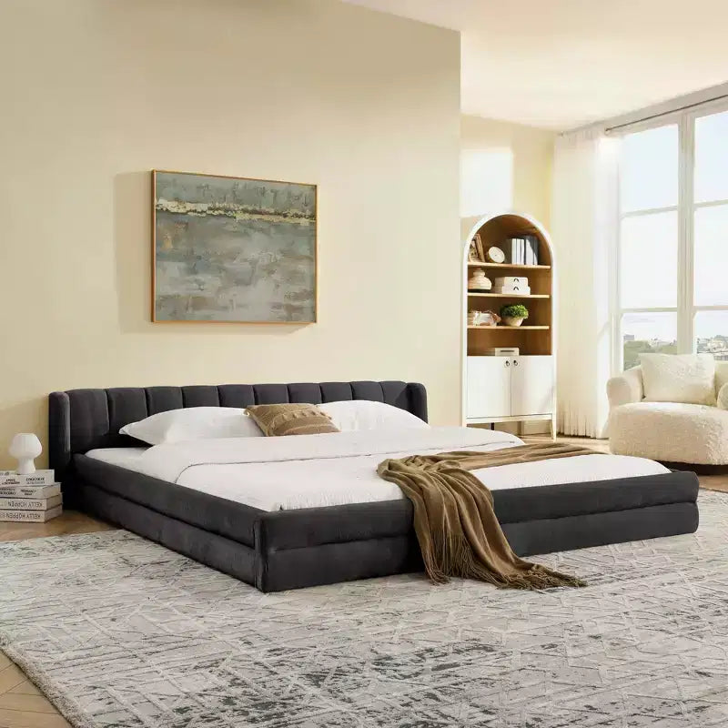 MAYEERTY King Size Upholstered Bed with Headboard Solid Frame Chenille Fabric Solid Frame for Bedroom Gray