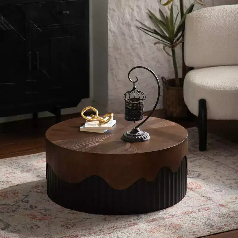 Round Wooden Coffee Table with Walnut Veneer Top
