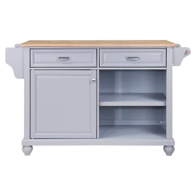 Grey Rolling Kitchen Island Cart with Natural Wood Top Drawers Cabinets and Spice Rack