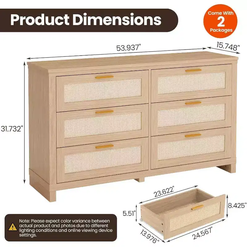 Acekool 6-Drawer Rattan Dresser, Boho Modern Chest with Woven Fronts, Large Storage Cabinet for Bedroom, Closet, Living Room, Natural